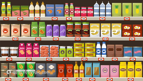 超市,货架上产品饮料矢量插图